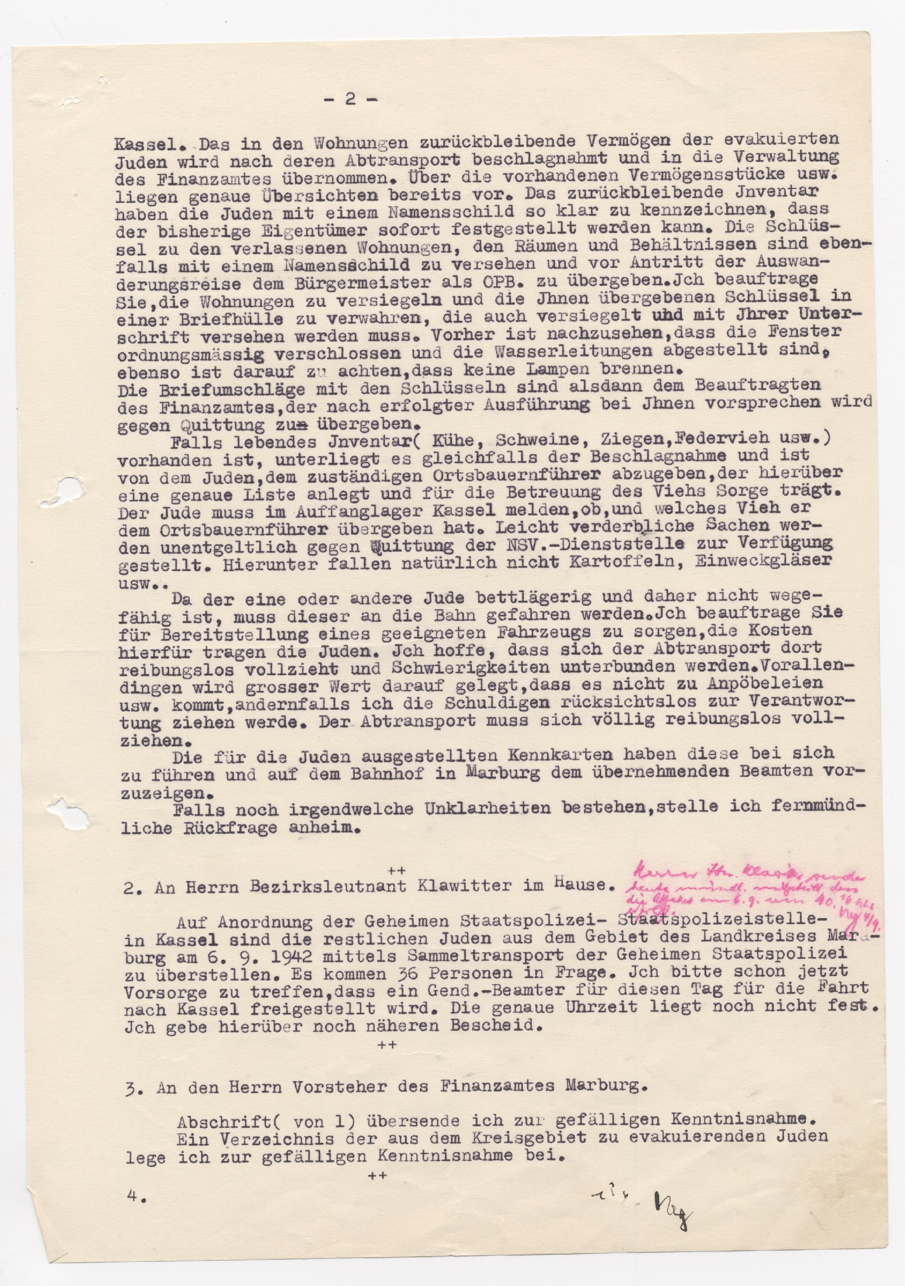 Schreiben des Marburger Landrates an den Marburger Bürgermeister, betreffend der letzten Judenevakuierung, Marburg 28.08.1942