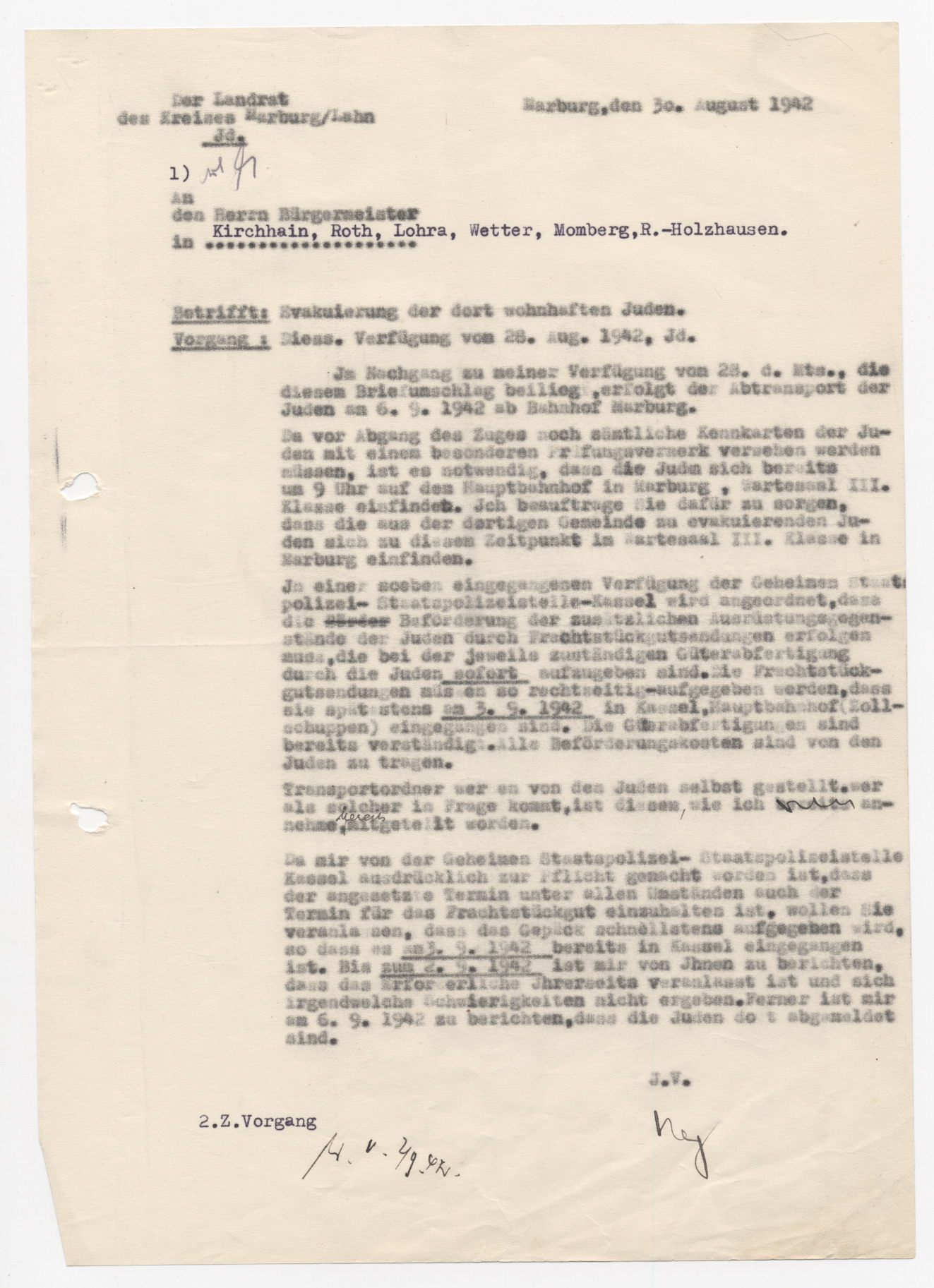 Schreiben des Marburger Landrates an den Bürgermeister von Kirchhain, Roth, Lohra, Wetter, Momberg, Rauisch - Holzhausen, betreffend der letzten Judenevakuierung, Marburg 30.08.1942
