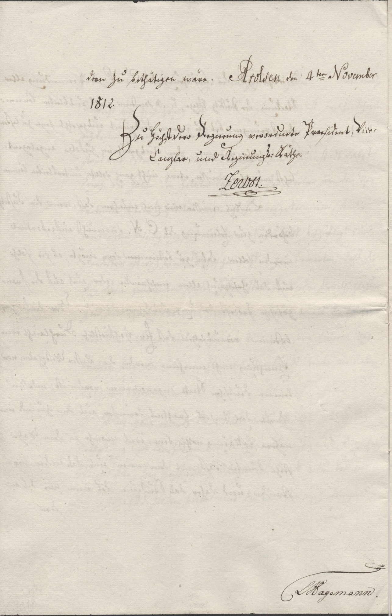 Brieflich geäußerte Bedenken bezüglich der Umsetzung des Code Napoléon als Gesetzbuch des Königreichs Westphalen vom Präsidenten und Regierungsräthe Lewor, vom 04. November 1812.