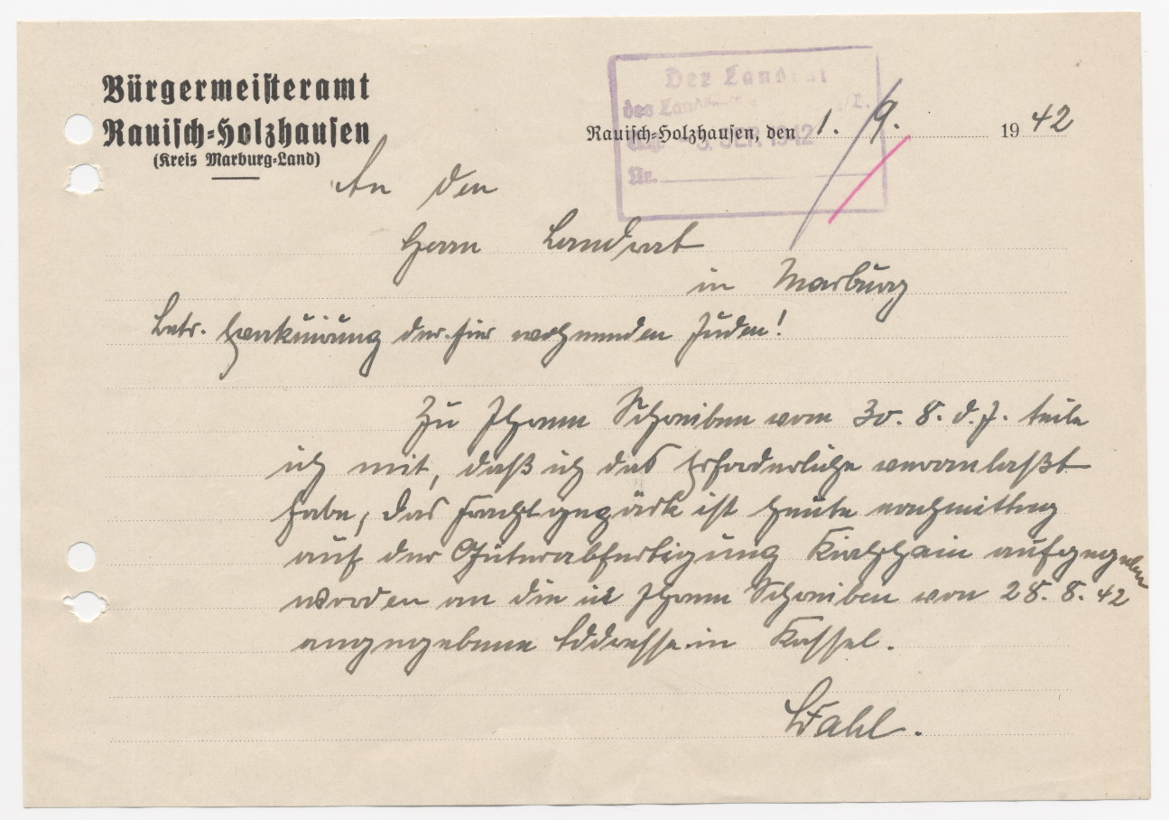 Schreiben des Rauisch - Holzhausener Bürgermeisters an den Marburger Landrat, bezüglich der letzten Judendeportation, Rauisch - Holzhausen 1.9.1942