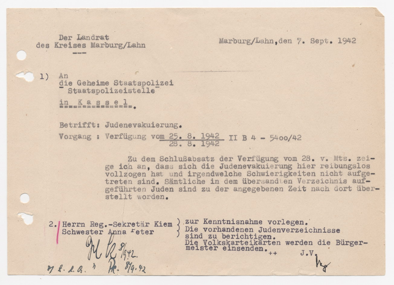 Schreiben des Marburger Landrates an die Geheime Staatspolizei Kassel, betreffend der letzten Judenevakuierung, Marburg 7.9.1942