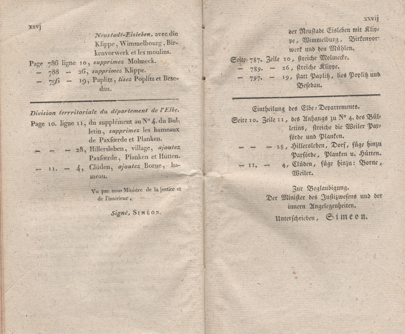 Titel und Inhaltsverzeichnis der zweisprachigen Gesetz - Bulletin des Königreichs Westphalen. Erster Teil:  Dekrete Nr. 1 bis Nr.37, erlassen im Zeitraum vom 1 Dezember 1807 bis zum 1 Mai 1808.