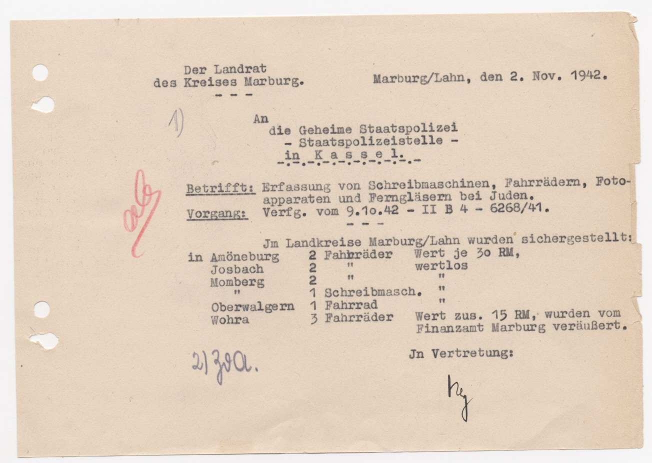 Schreiben des Marburger Landrates an die Geheime Staatspolizei Kassel, betreffend der beschlagnahmten Besitztümer der deportierten Juden , Marburg 2.11.1942