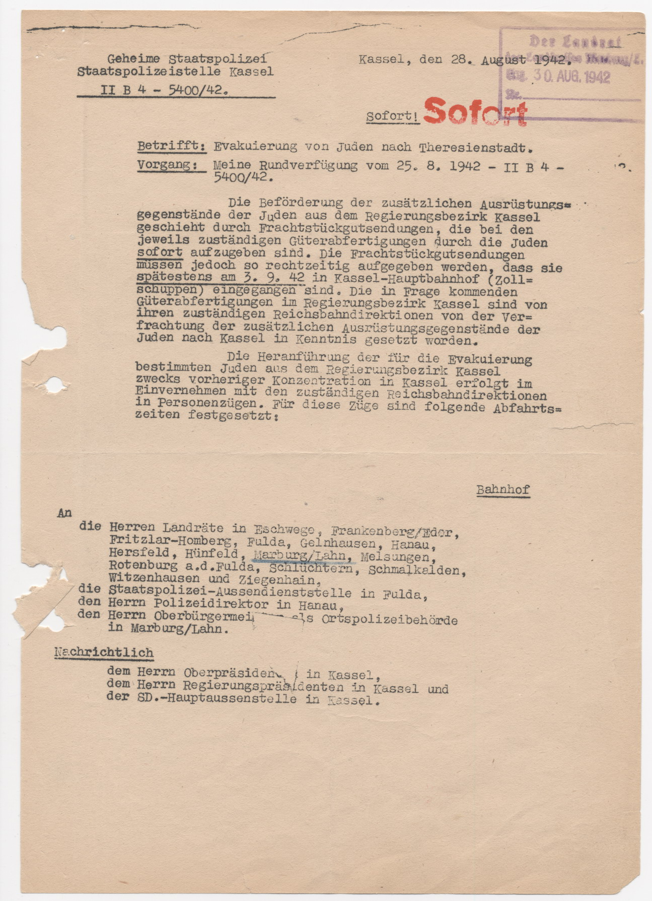 Schreiben der Geheimen Staatspolizei Kassel an die Landräte des Regierungsbezirkes Kassel, betreffend der letzten Judenevakuierung, Kassel 28.08.1942
