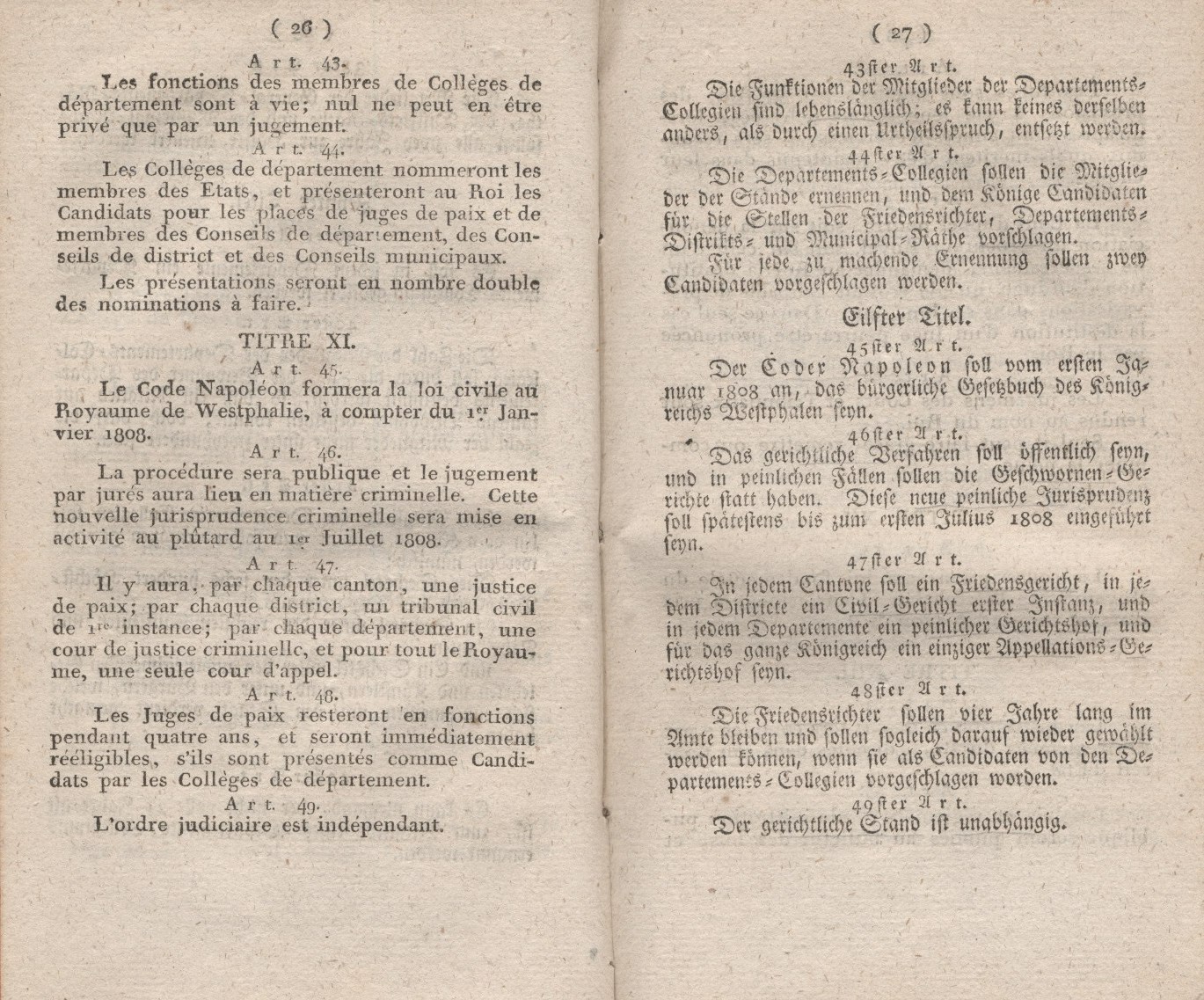 Die Constitution des Königreichs Westphalen, entworfen am 15.November 1807, erlassen  am 7. Dezember 1807.
