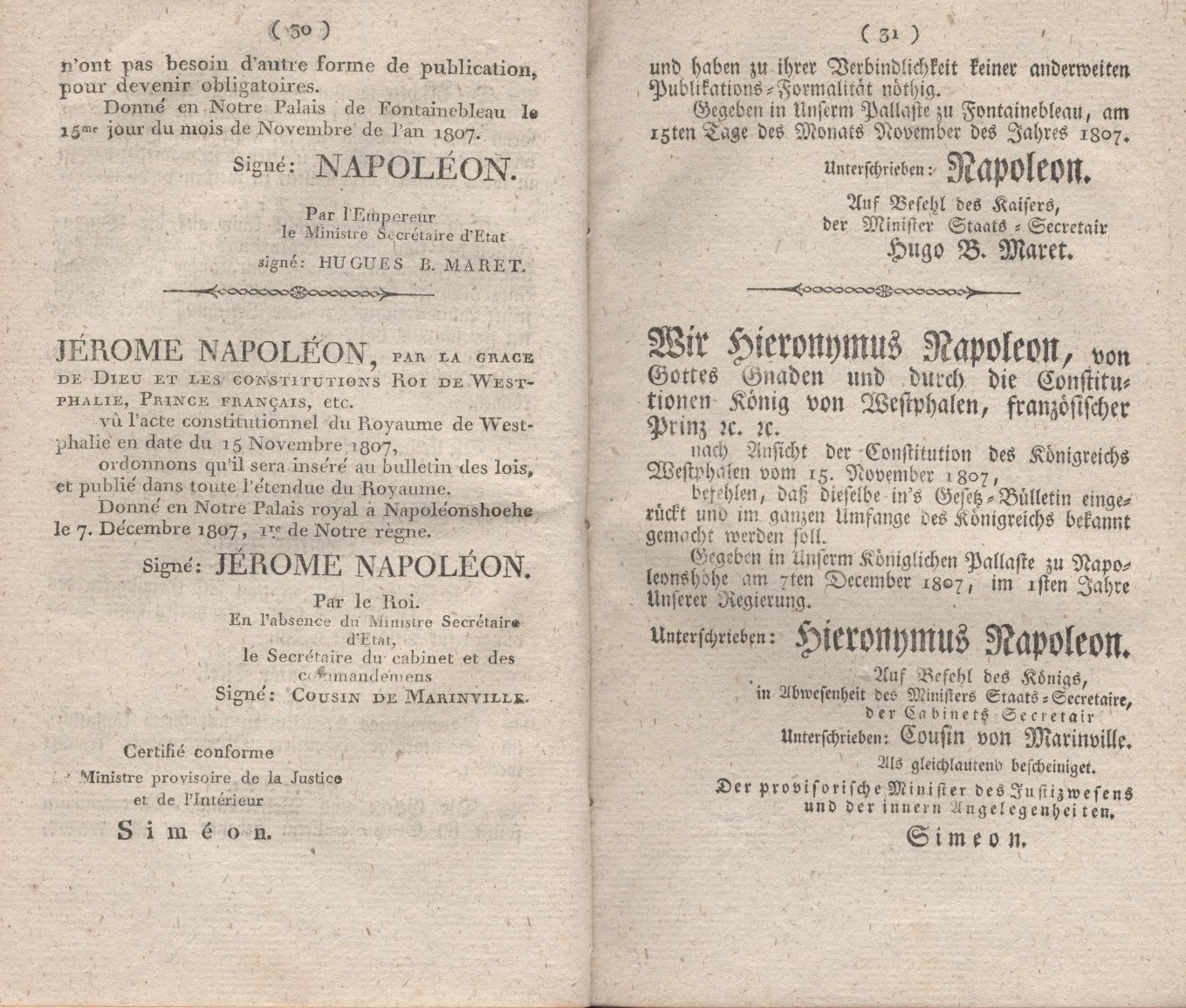 Die Constitution des Königreichs Westphalen, entworfen am 15.November 1807, erlassen  am 7. Dezember 1807.