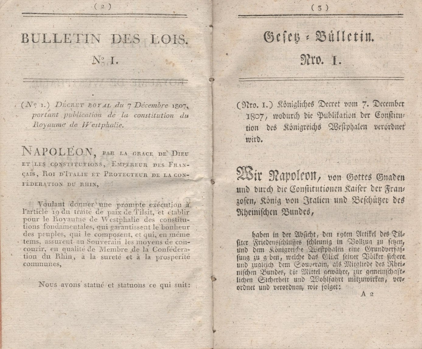 Die Constitution des Königreichs Westphalen, entworfen am 15.November 1807, erlassen  am 7. Dezember 1807.