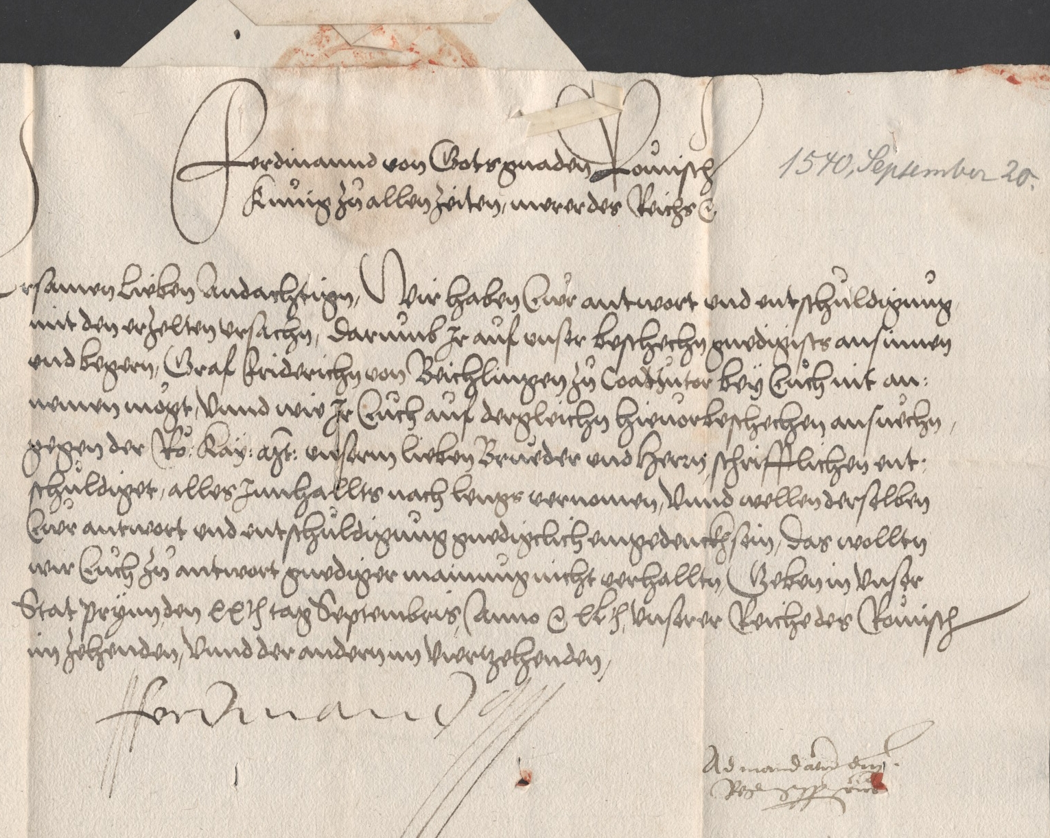 Ernennung des Grafen Friedrich v. Beichlingen, Chorbischofs zu Köln, zum Koadjutor am Stift Hersfeld durch Kaiser Karl V. und König Ferdinand, 1540