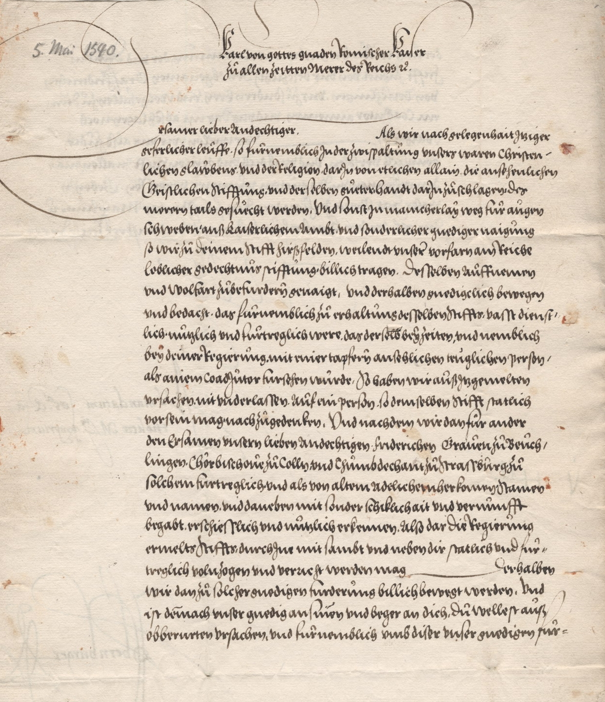 Ernennung des Grafen Friedrich v. Beichlingen, Chorbischofs zu Köln, zum Koadjutor am Stift Hersfeld durch Kaiser Karl V. und König Ferdinand, 1540