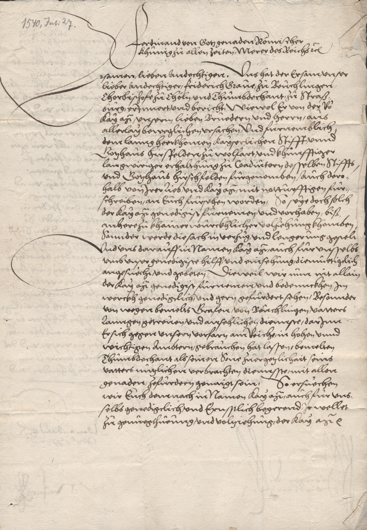 Ernennung des Grafen Friedrich v. Beichlingen, Chorbischofs zu Köln, zum Koadjutor am Stift Hersfeld durch Kaiser Karl V. und König Ferdinand, 1540