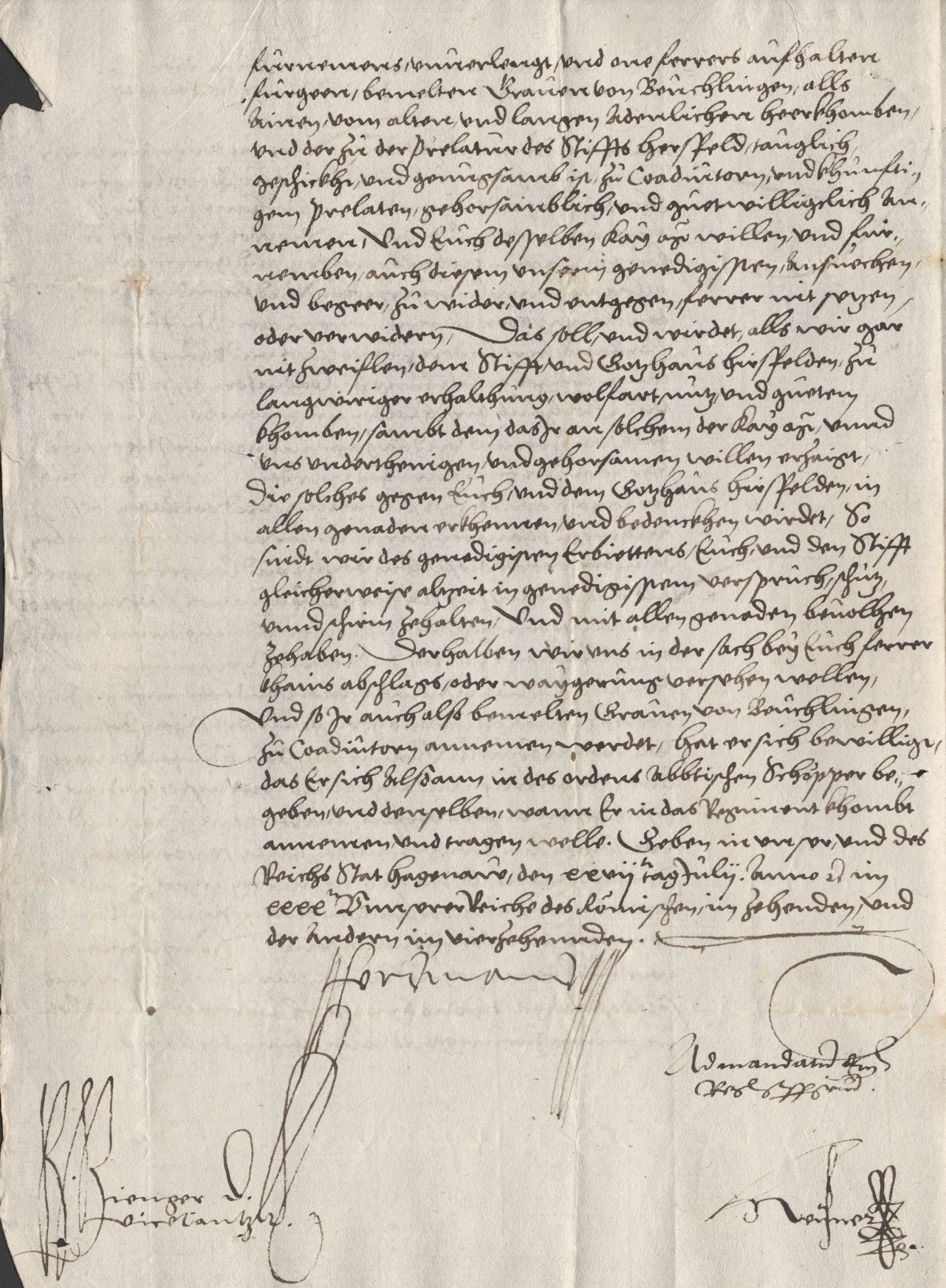 Ernennung des Grafen Friedrich v. Beichlingen, Chorbischofs zu Köln, zum Koadjutor am Stift Hersfeld durch Kaiser Karl V. und König Ferdinand, 1540
