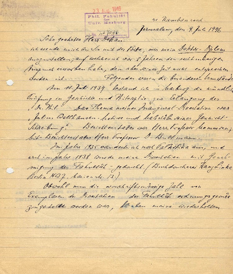 Dr. Friedemann Boschwitz an den Dekan der Philipps-Universität Marburg am 7. Juli 1946 und Antwort des Dekanats, 11. September 1946