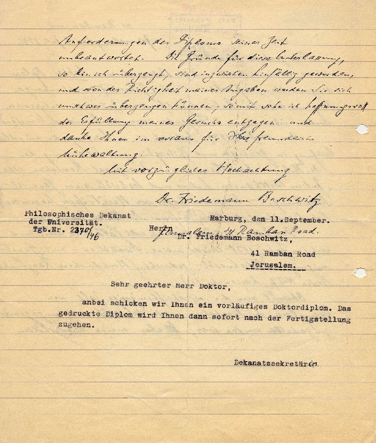 Dr. Friedemann Boschwitz an den Dekan der Philipps-Universität Marburg am 7. Juli 1946 und Antwort des Dekanats, 11. September 1946
