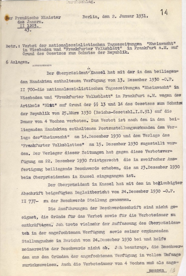 Stellungnahme zum Verbot der nationalsozialistischen Tageszeitungen „Rheinwacht“ und „Frankfurter Volkswacht“ 

