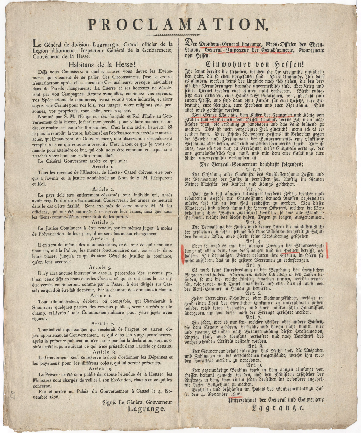Proklamation der Besetzung Hessens durch Divisions - General Lagrange, dem neuen Gouverneur von Hessen, 4. November 1806
