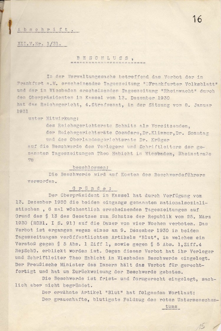 Beschluß des Reichsgerichts, 4. Strafsenat, Leipzig vom 8. Januar 1931 betreffend Verbot der nationalsozialistischen Tageszeitungen „Rheinwacht“ und „Frankfurter Volkswacht“