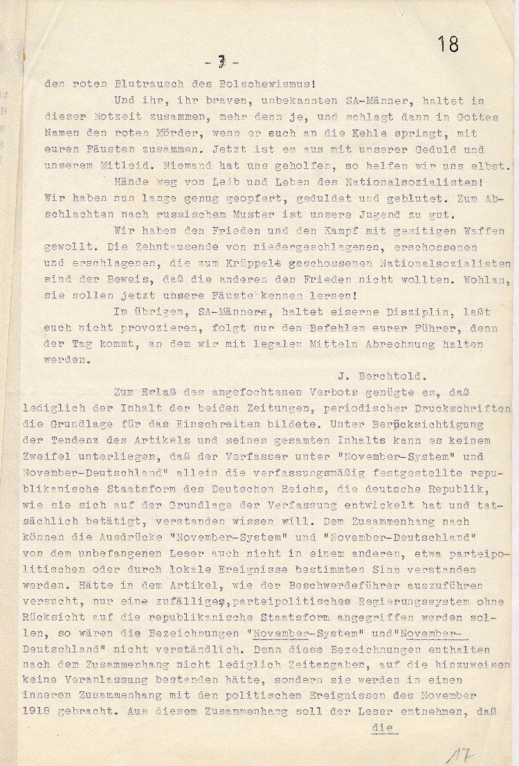 Beschluß des Reichsgerichts, 4. Strafsenat, Leipzig vom 8. Januar 1931 betreffend Verbot der nationalsozialistischen Tageszeitungen „Rheinwacht“ und „Frankfurter Volkswacht“