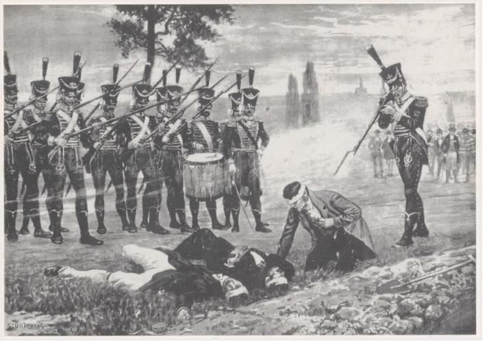 "Erschießung hessicher Patrioten durch französische Soldaten auf dem Kasseler Forst." Undatiertes Gemälde nach einer zeitgnössischen Zeichnung von E. Sturtevant.