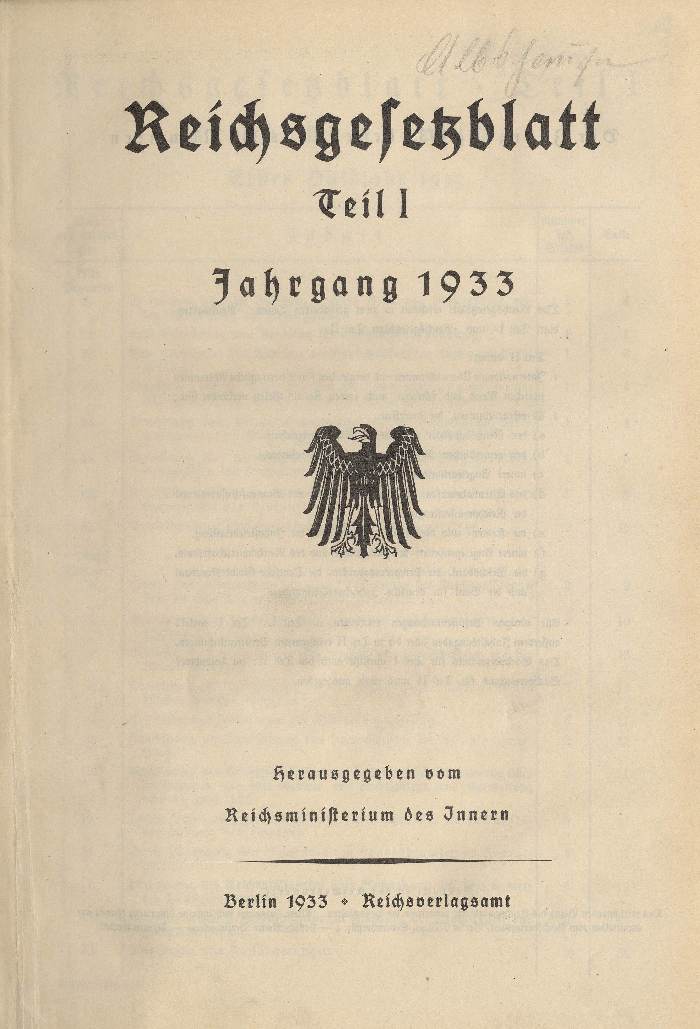 Reichgesetzblatt Teil 1, Jahrgang 1933