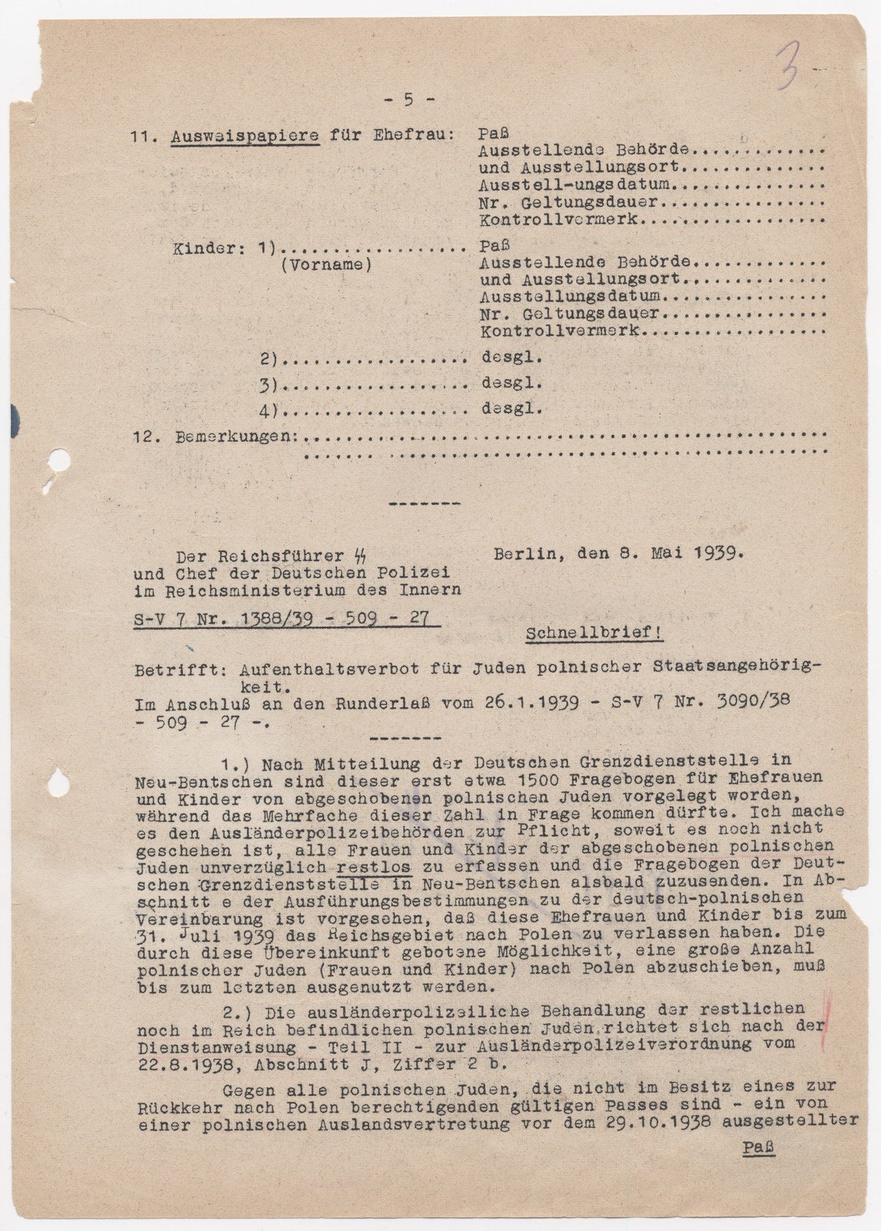 Briefabschriften, bezüglich des Aufenthaltsverbotes für Juden polnischer Staatsangehörigkeit