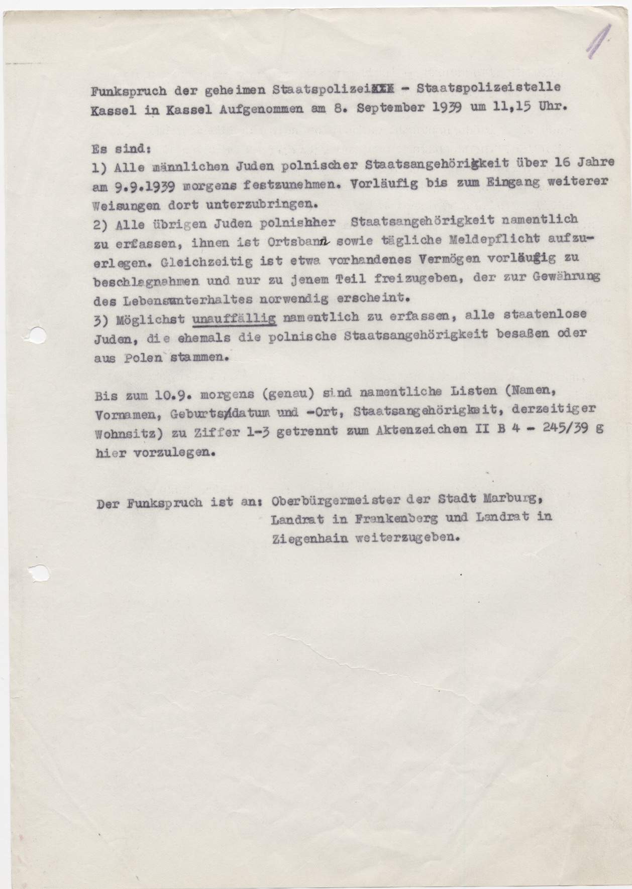 Funkspruch der Geheimen Staatspolizei Kassel, 8.9.1939
