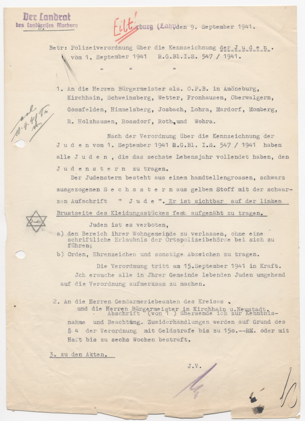 Schreiben des Marburger Landrates an die Bürgermeister des Landkreises, bezüglich der Kennzeichnungspflicht für Juden, Marburg 9.9.1941