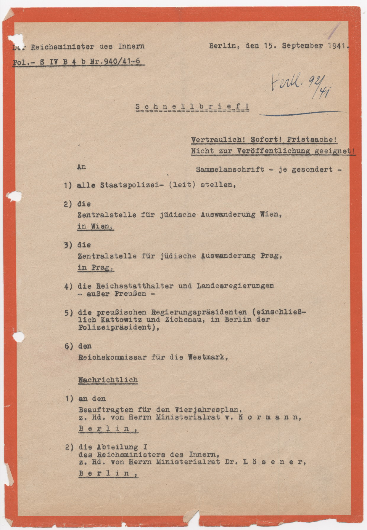 Schreiben des Reichsministers des Inneren, Heydrich, bezüglich der Kennzeichnungspflicht für Juden, Berlin 15.09.1941