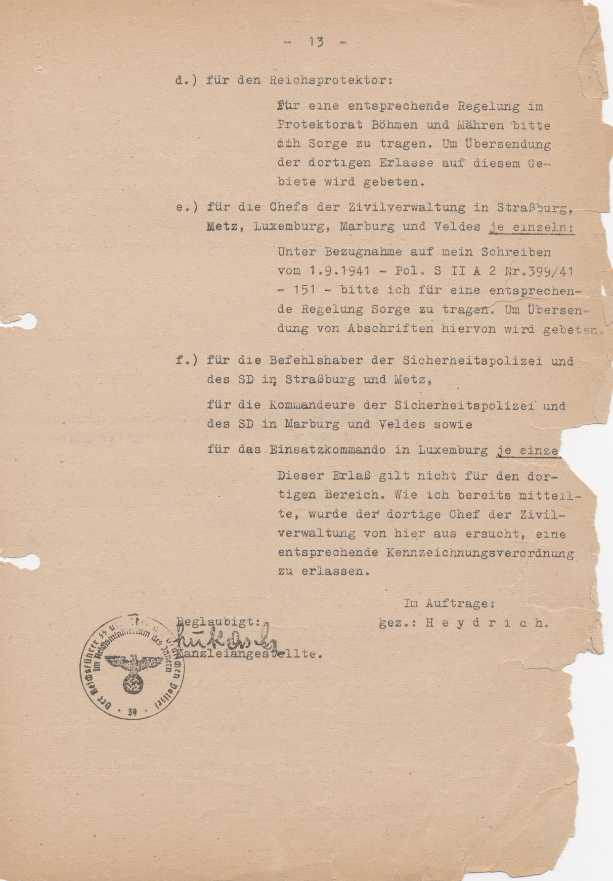 Schreiben des Reichsministers des Inneren, Heydrich, bezüglich der Kennzeichnungspflicht für Juden, Berlin 15.09.1941