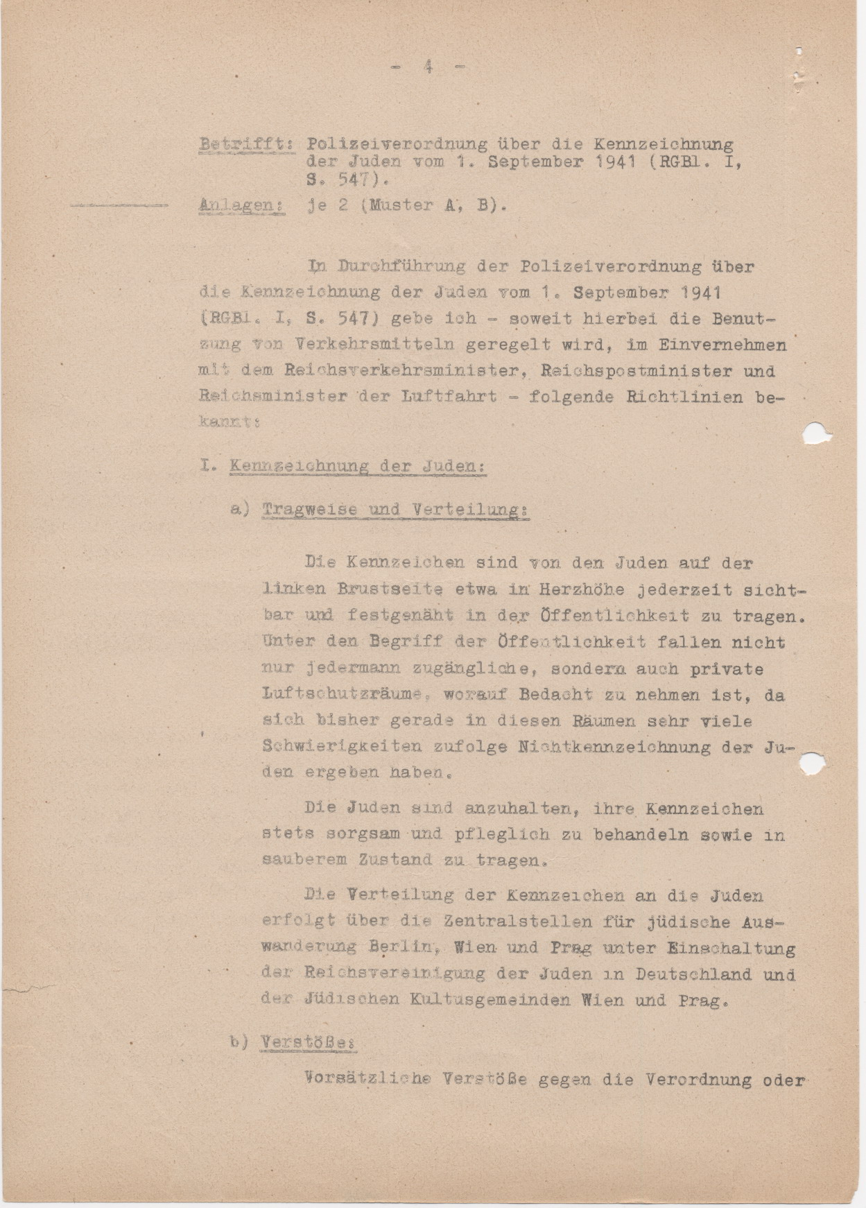 Schreiben des Reichsministers des Inneren, Heydrich, bezüglich der Kennzeichnungspflicht für Juden, Berlin 15.09.1941