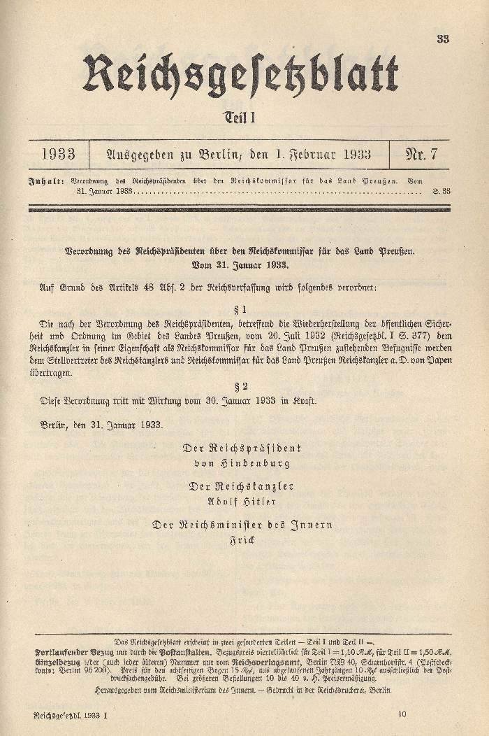 Verordnung des Reichspräsidenten über den Reichskomissar für das Land Preußen