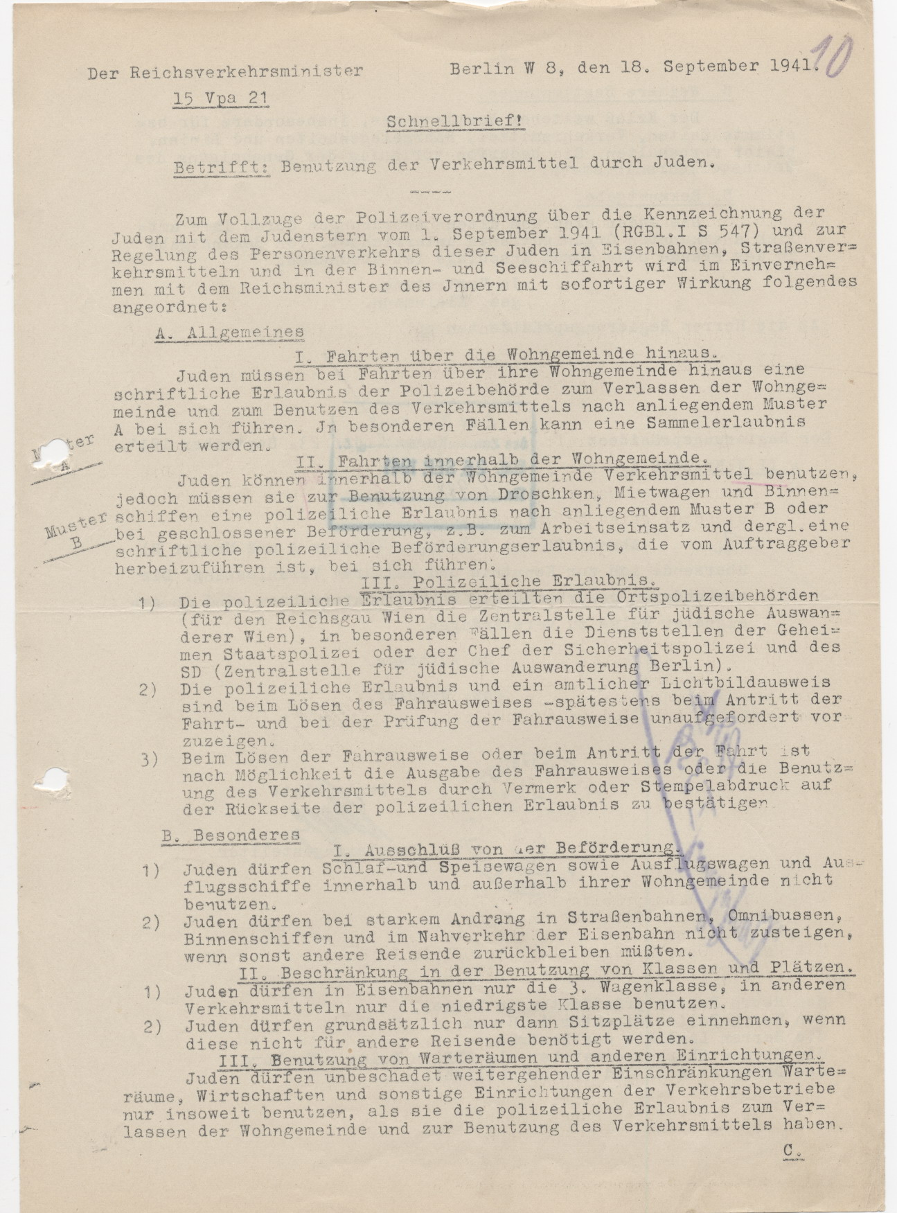 Schreiben des Reichsverkehrsministers an den Marburger Landrat, betreffend der Nutzungsbestimmungen von öffentlichen Verkehrsmitteln gemäß der Kennzeichnungsverordnung von Juden, Berlin 18.09.1941