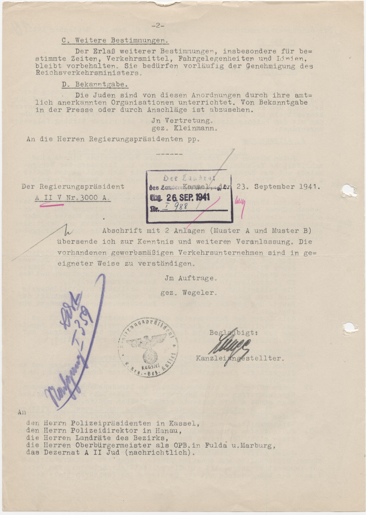 Schreiben des Reichsverkehrsministers an den Marburger Landrat, betreffend der Nutzungsbestimmungen von öffentlichen Verkehrsmitteln gemäß der Kennzeichnungsverordnung von Juden, Berlin 18.09.1941