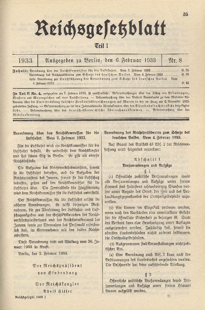 Verordnung des Reichspräsidenten zum Schutze des deutschen Volkes