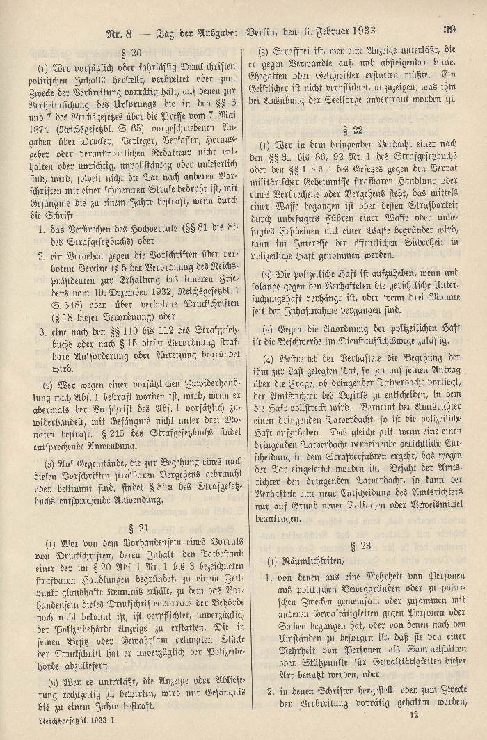 Verordnung des Reichspräsidenten zum Schutze des deutschen Volkes
