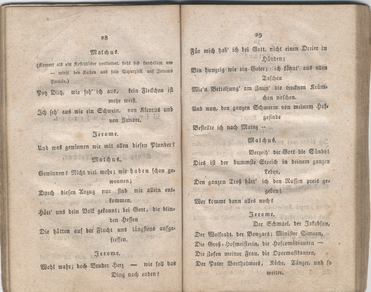Autzüge aus "Die Königsflucht", einem Spotttheaterstück über das Ende des Königreichs Westphalen, verfasst im Jahre 1814.