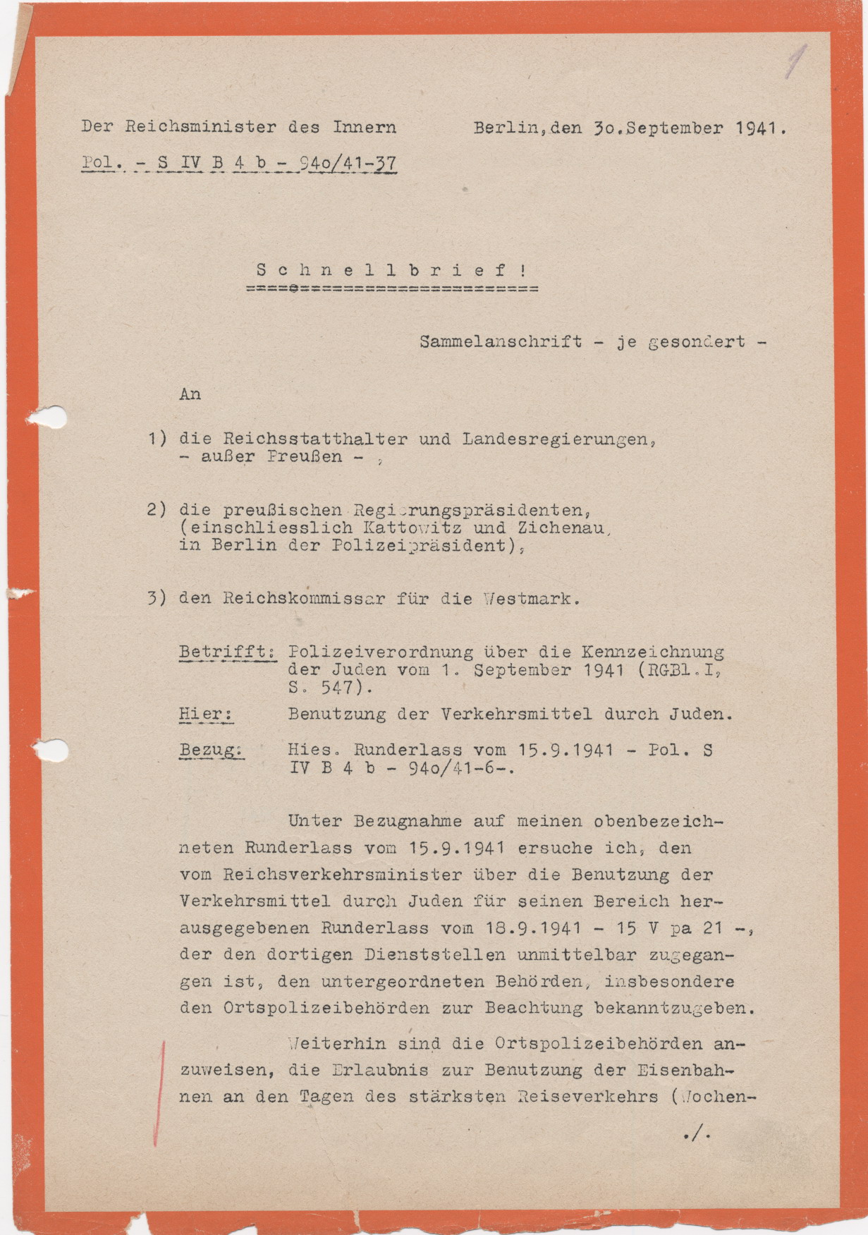 Schreiben des Reichsministers des Inneren, betreffend der Nutzungsbestimmungen von öffentlichen Verkehrsmitteln gemäß der Kennzeichnungsverordnung von Juden, Berlin 30.09.1941