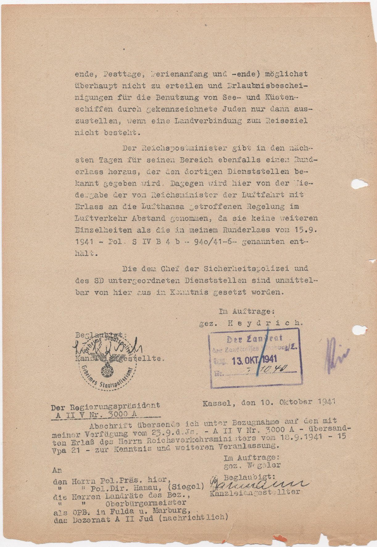 Schreiben des Reichsministers des Inneren, betreffend der Nutzungsbestimmungen von öffentlichen Verkehrsmitteln gemäß der Kennzeichnungsverordnung von Juden, Berlin 30.09.1941