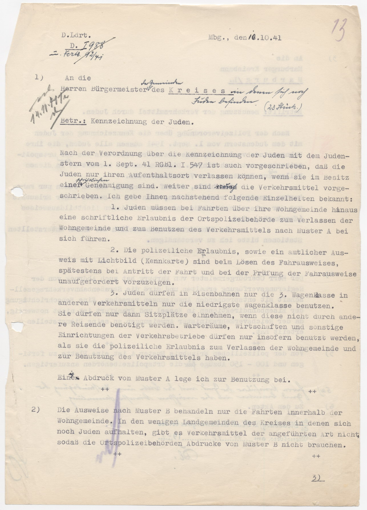 Schreiben des Marburger Landrates an die Bürgermeister des Landkreises, betreffend der Nutzungsbestimmungen von öffentlichen Verkehrsmitteln gemäß der Kennzeichnungsverordnung von Juden, Marburg 10.10.1941