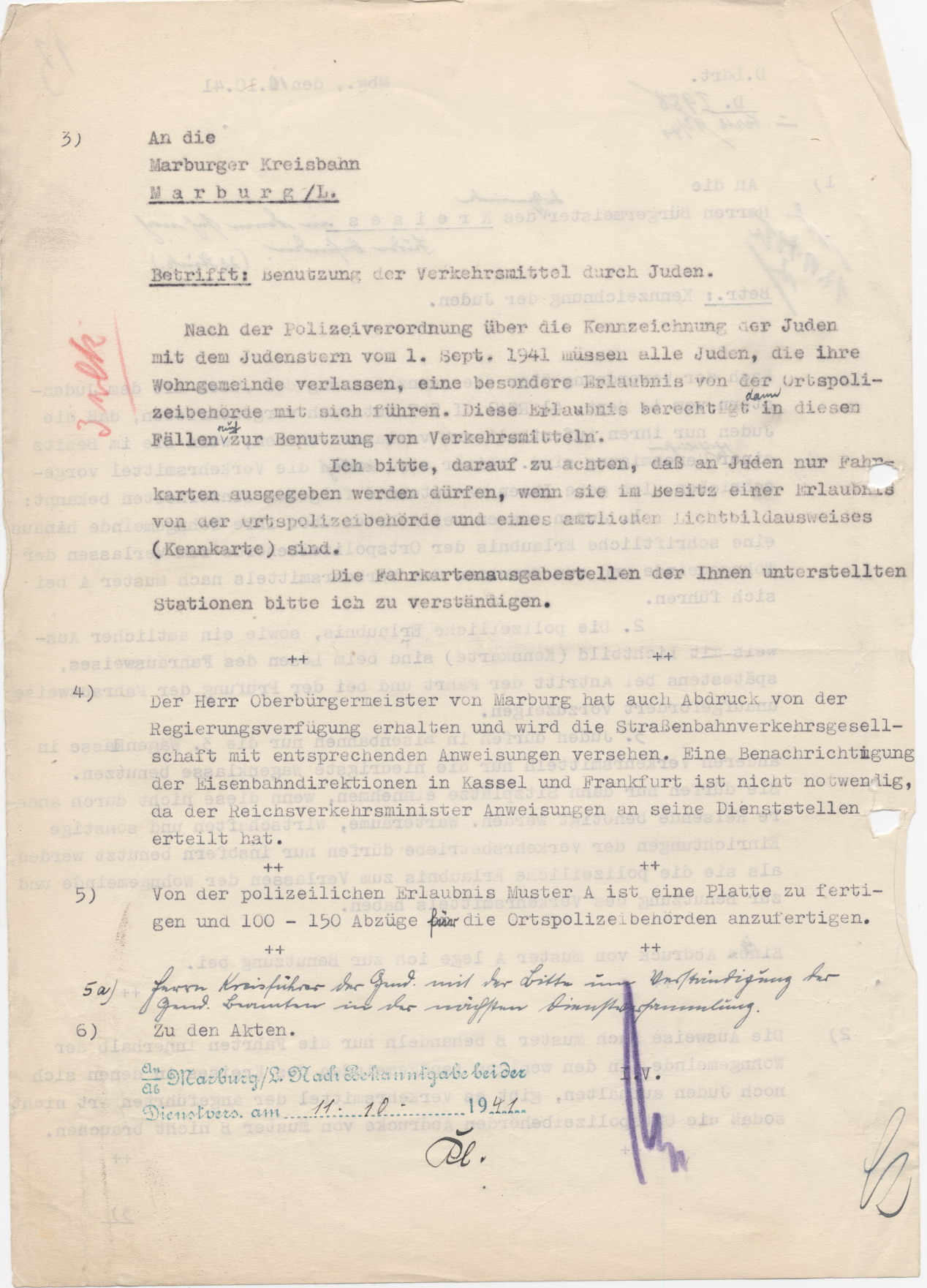 Schreiben des Marburger Landrates an die Bürgermeister des Landkreises, betreffend der Nutzungsbestimmungen von öffentlichen Verkehrsmitteln gemäß der Kennzeichnungsverordnung von Juden, Marburg 10.10.1941