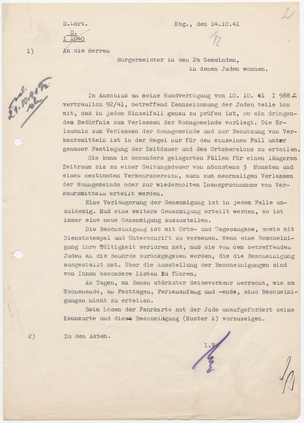 Schreiben des Marburger Landrates an die Bürgermeister des Landkreises, betreffend der Nutzungsbestimmungen von öffentlichen Verkehrsmitteln gemäß der Kennzeichnungsverordnung von Juden, Marburg 14.10.1941