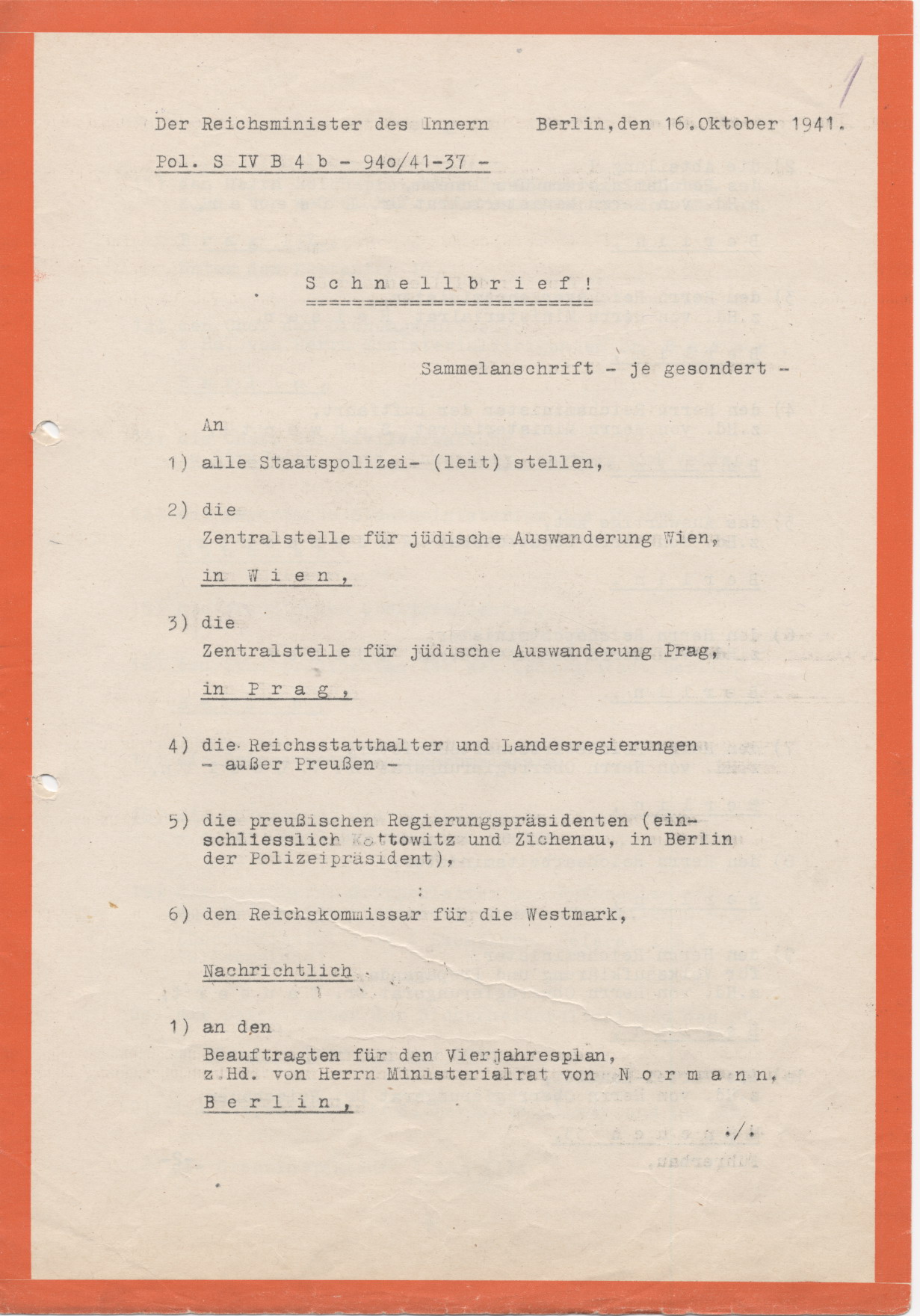 Schreiben des Reichsministers des Inneren, betreffend der Nutzung von Verkehrsmitteln der Reichspost durch Juden, Berlin 16.10.1941