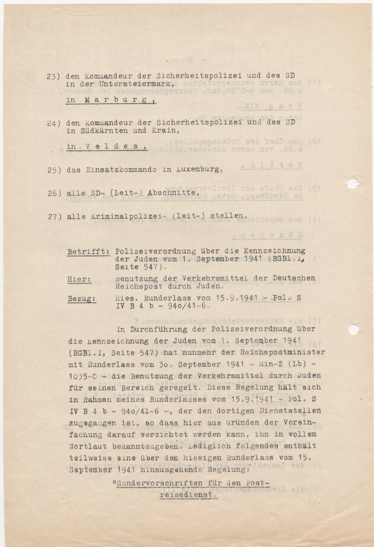 Schreiben des Reichsministers des Inneren, betreffend der Nutzung von Verkehrsmitteln der Reichspost durch Juden, Berlin 16.10.1941