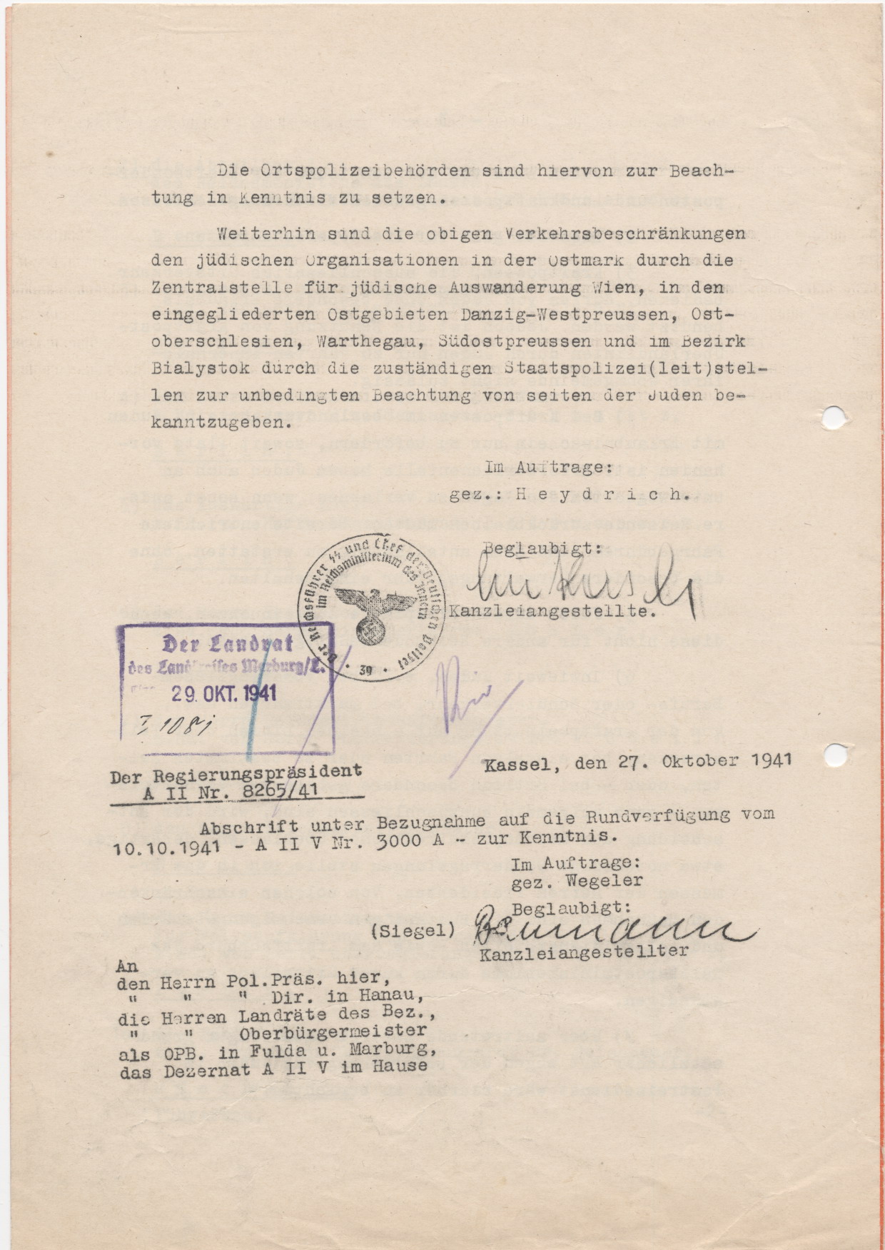 Schreiben des Reichsministers des Inneren, betreffend der Nutzung von Verkehrsmitteln der Reichspost durch Juden, Berlin 16.10.1941