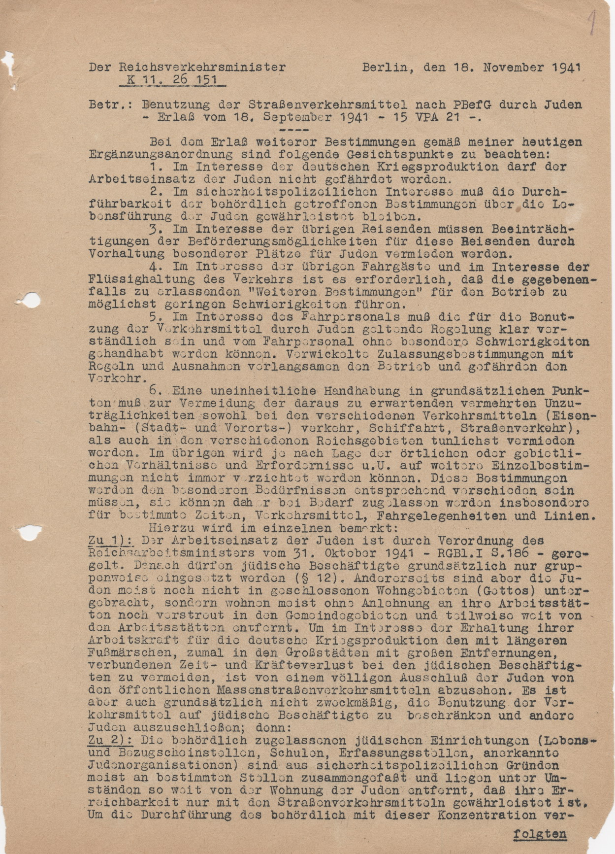 Schreiben des Reichsverkehrsministers, bezüglich der Benutzung der Straßenverkehrsmittel nach PBefG durch Juden, Berlin 18.11.1941