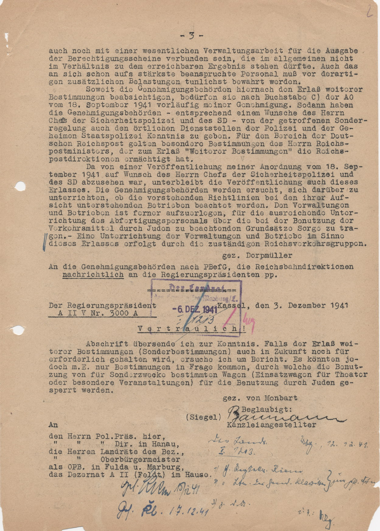 Schreiben des Reichsverkehrsministers, bezüglich der Benutzung der Straßenverkehrsmittel nach PBefG durch Juden, Berlin 18.11.1941