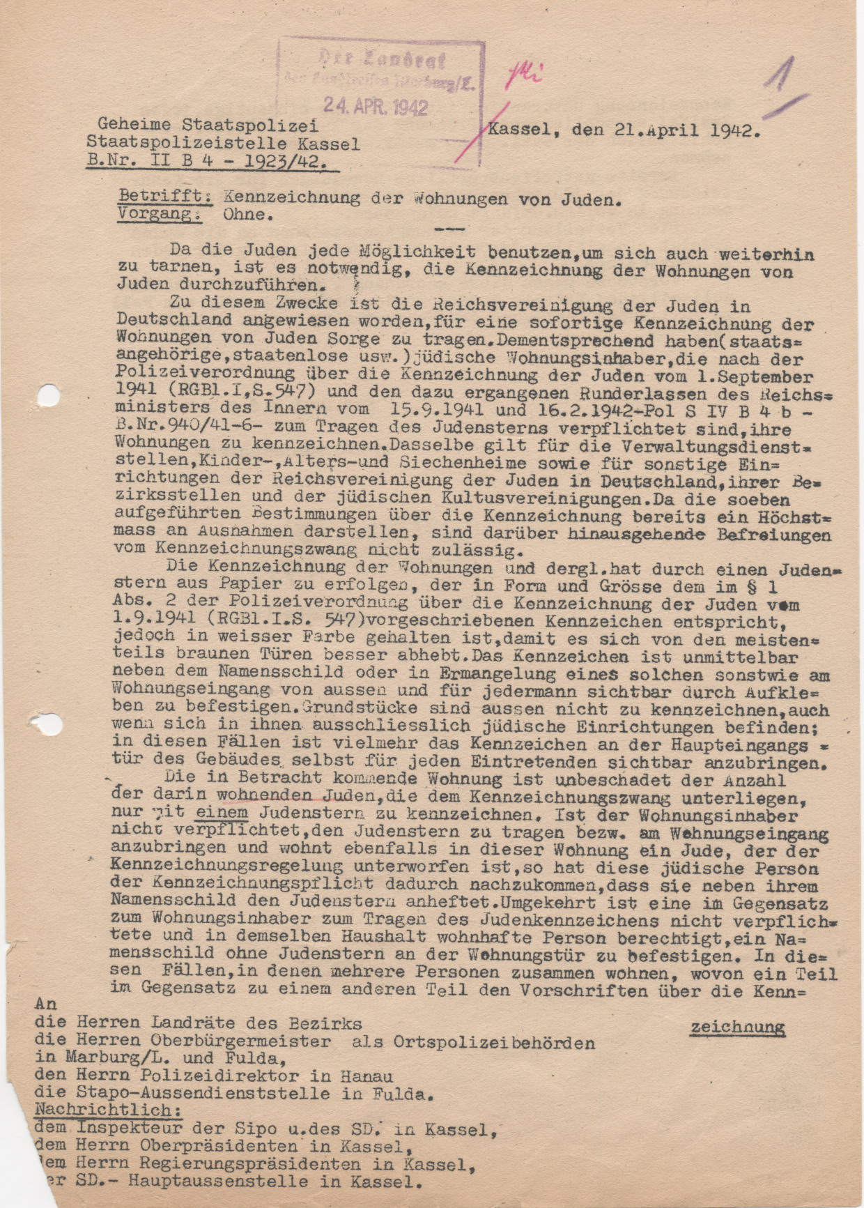 Schreiben der Geheimen Staatspolizei Kassel, betreffend der Kennzeichnungspflicht von Judenwohnungen, 21.04.1942