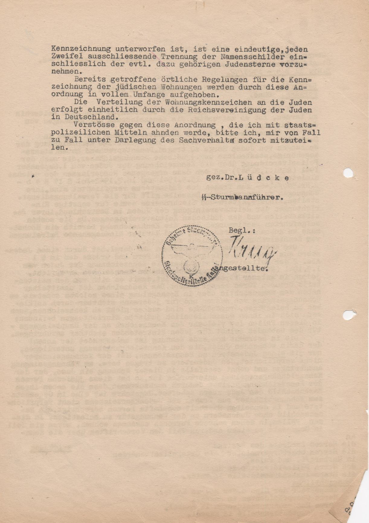Schreiben der Geheimen Staatspolizei Kassel, betreffend der Kennzeichnungspflicht von Judenwohnungen, 21.04.1942