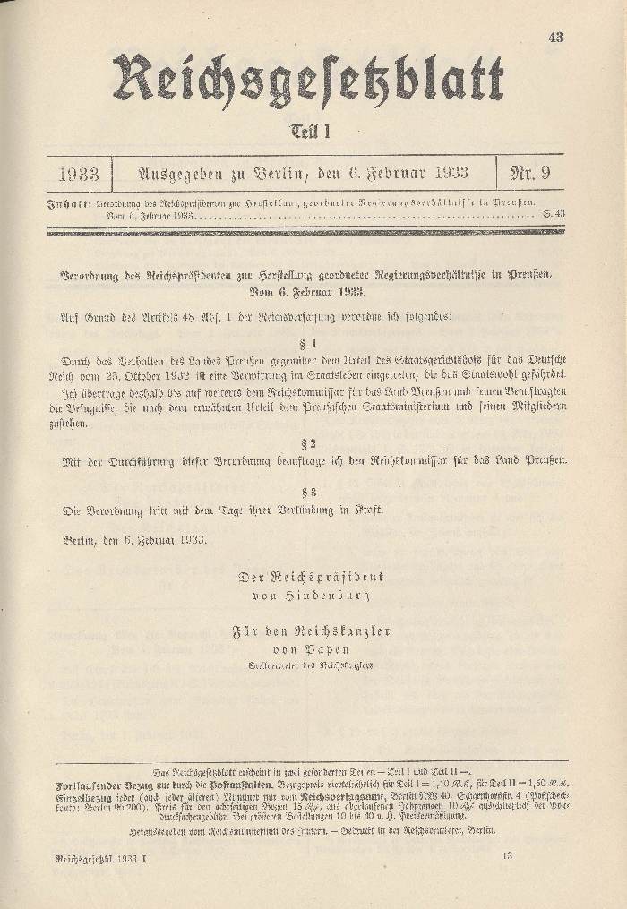 Verordnung des Reichspräsidenten zur Herstellung geordneter Regierungsverhältnisse in Preußen
