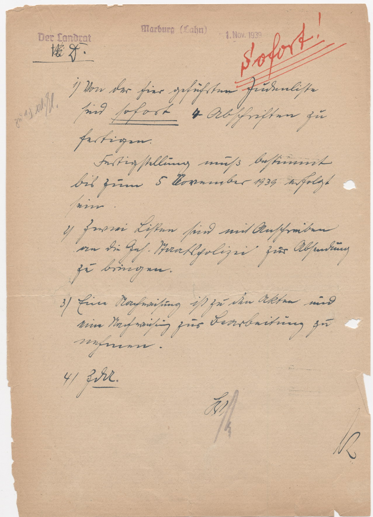 Schreiben des Marburger Landrates, bezüglich der Anfertigung von Judenlisten, Marburg 1.11.1939