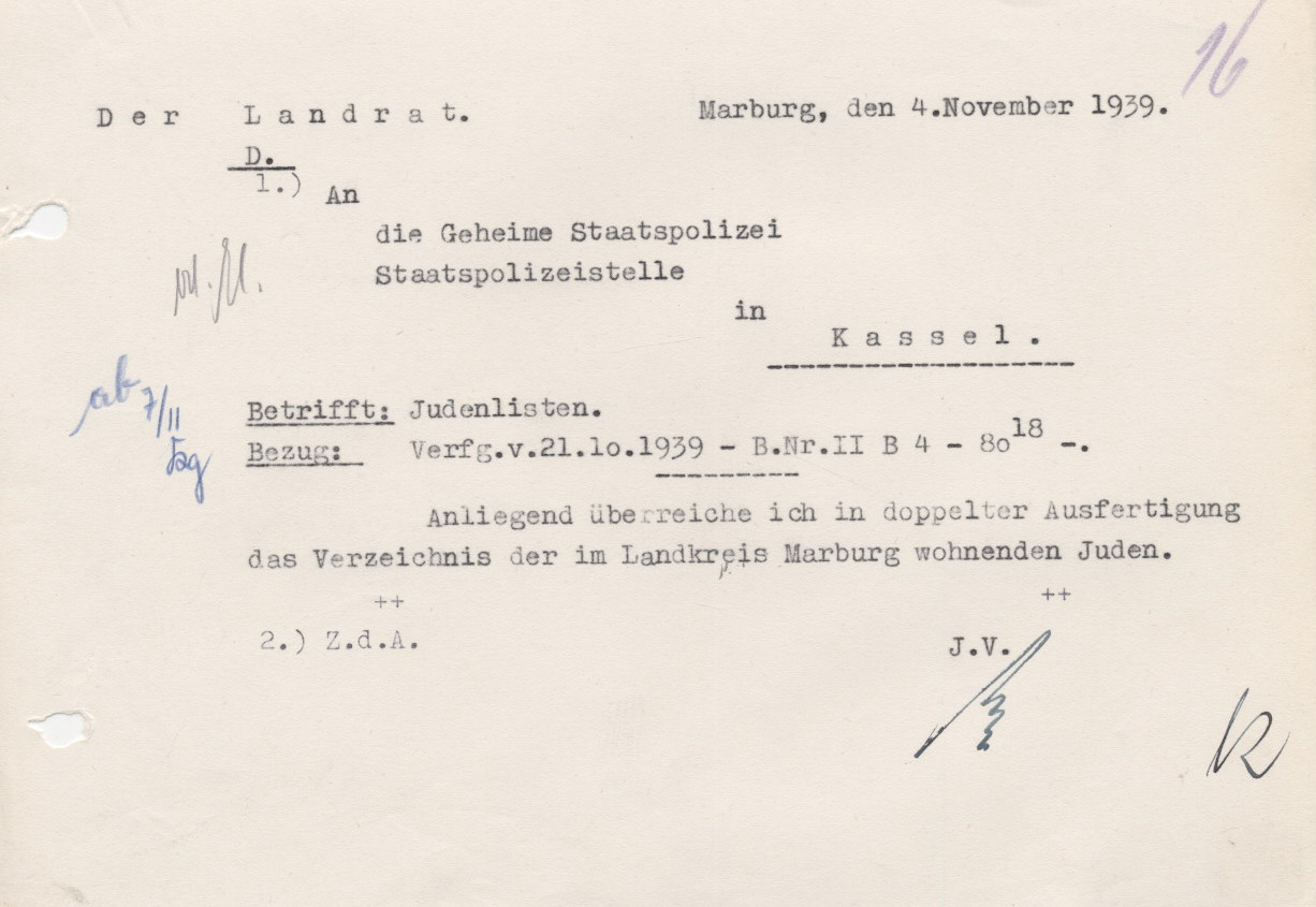 Antwortschreiben des Marburger Landrates an die Geheime Staatspolizei Kassel, bezüglich der Aufforderung sämtliche im Kreis wohnhafte Juden in Listen zu erfassen, Marburg 04.11.1939